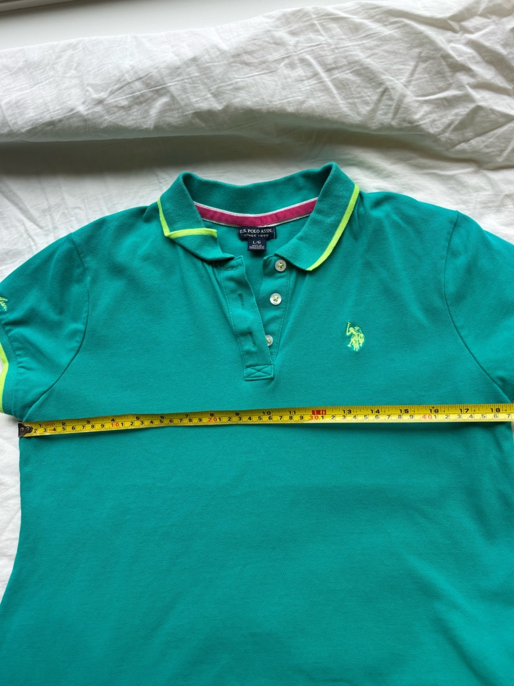 U.S. Polo Assn. Teal Green Neon Trim Short Sleeve Polo Shirt Size L - Picture 10 of 11